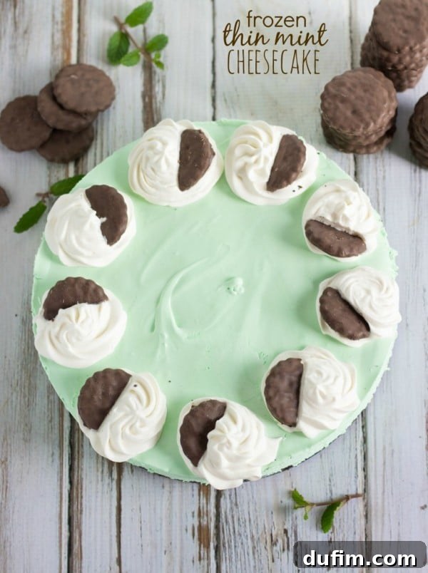A decadent Frozen Thin Mint Cheesecake surrounded by actual Thin Mint cookies and fresh mint leaves on a white wooden table.