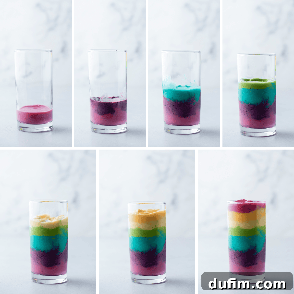 Colorburst Smoothie Delight 19 A step-by-step collage demonstrating how to layer a rainbow smoothie in a glass cup, showing each color being added individually.