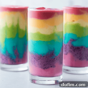 Three glasses, filled with vibrant, layered rainbow smoothies, display a stunning gradient—from pink at the bottom to purple, blue, green, yellow, and red atop. This colorful array forms an exquisite visual symphony on the white surface.