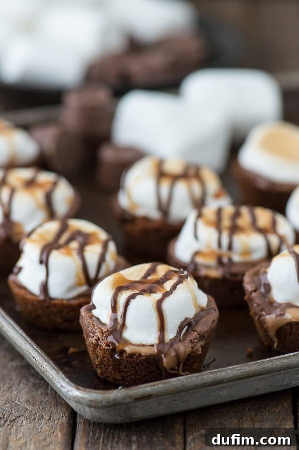 Close-up of freshly baked Turtle S'mores Bites with golden-brown toasted marshmallows, drizzled with chocolate and caramel, ready to be served from a mini muffin pan.