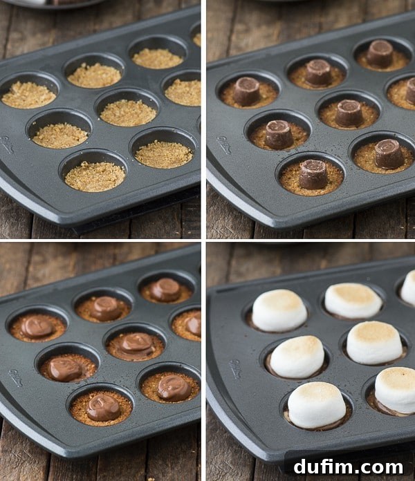 A delightful collection of finished Turtle S'mores Bites, artfully drizzled with caramel and chocolate, presented in a rustic tin, emphasizing their readiness for enjoyment.
