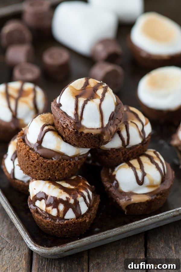 A stunning overhead shot of multiple Turtle S'mores Bites, beautifully arranged, highlighting their golden crusts, rich melted centers, and perfectly toasted marshmallow caps with delicate drizzles.