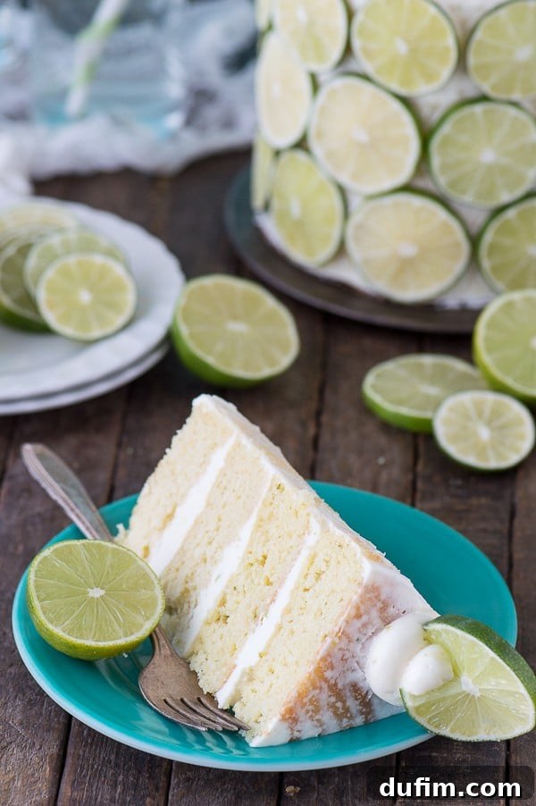 Overhead view of the coconut lime cake, adorned with fresh lime slices around its perimeter and topped with dollops of lime buttercream.