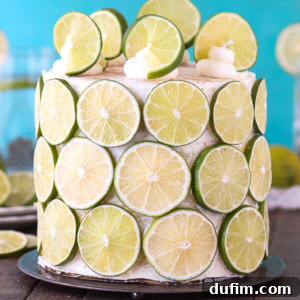 A tall coconut lime cake covered in white frosting, decorated with overlapping fresh lime slices on the sides and topped with lime wedges and swirls of frosting. The background is aqua blue.