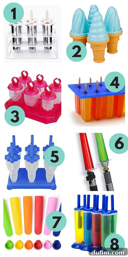 A collage displaying various fun and creative popsicle molds alongside a stunning image of rainbow popsicles, inviting readers to explore different ways to make their own frozen treats.