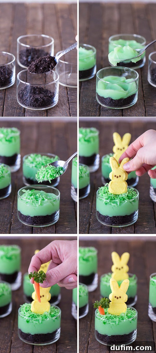 A step-by-step collage demonstrating how to assemble Peeps Bunny Pudding Cups. Images show layers of crushed Oreos, green pudding, dyed coconut, and the placement of a baby carrot and a Peeps bunny, illustrating the ease of creation.