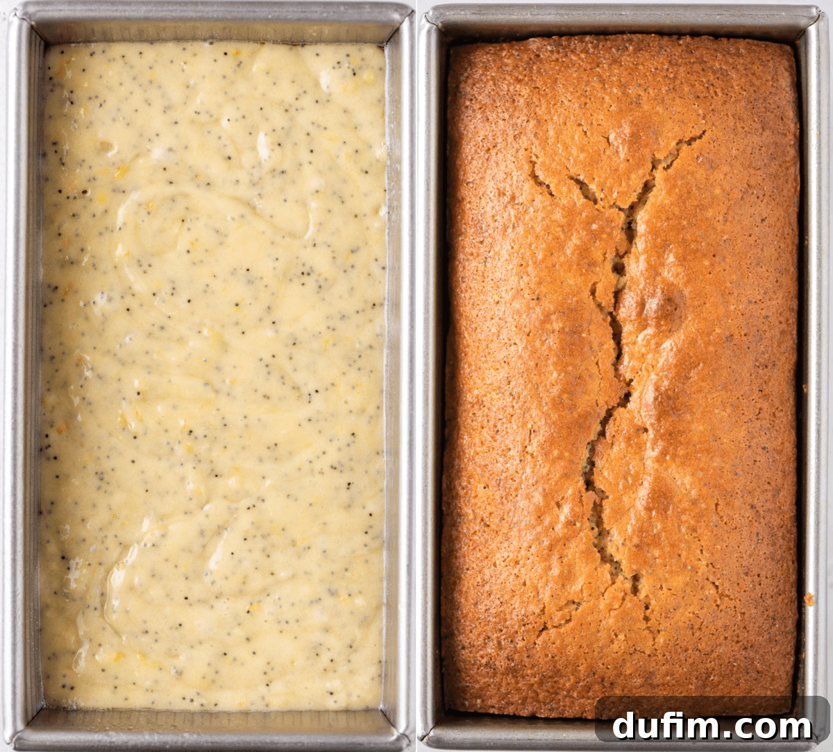 Two photos of Lemon Poppy Seed Bread in a loaf pan: one unbaked with batter, and one baked to a golden perfection.