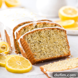 Sliced loaf of lemon poppy seed bread