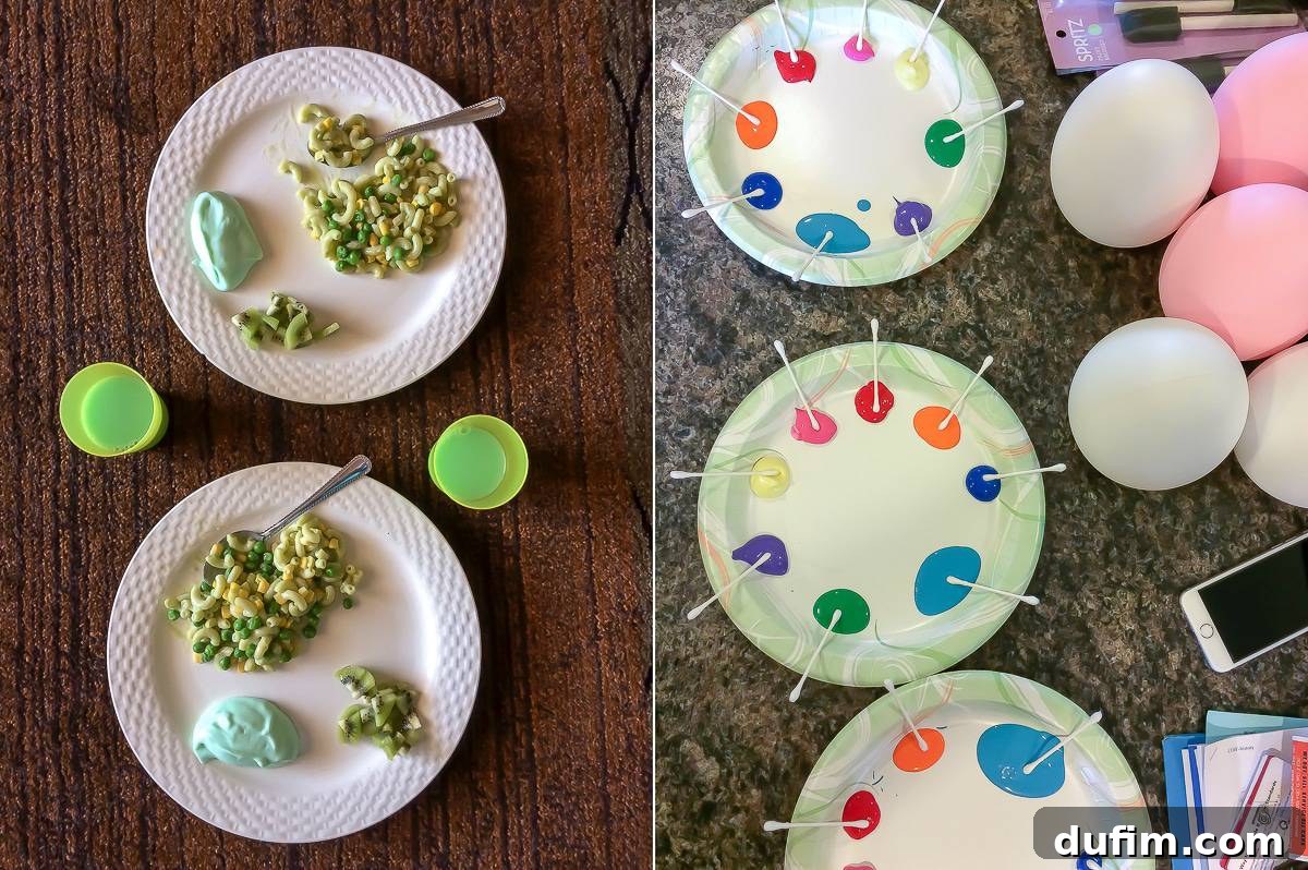 St. Patrick's Day themed green lunch for kids and children painting Easter eggs with q-tips