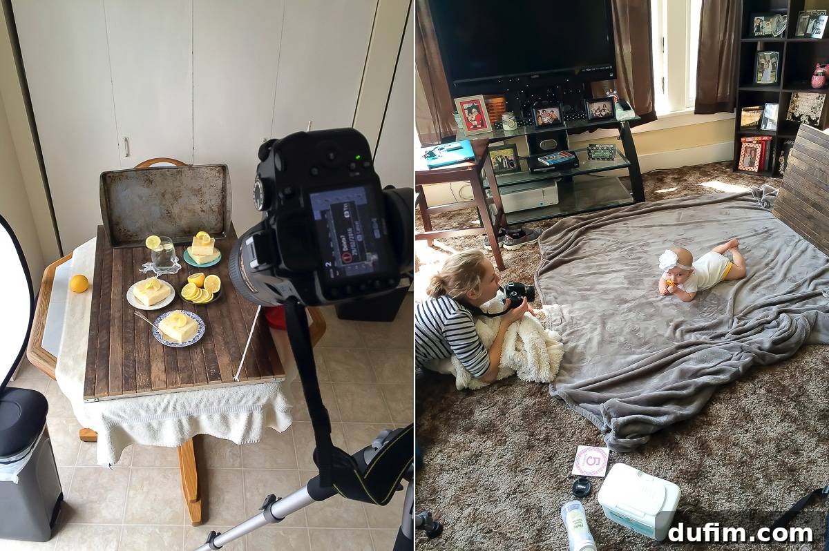 A slice of lemon sheet cake ready to be served and a behind-the-scenes shot of a baby photoshoot