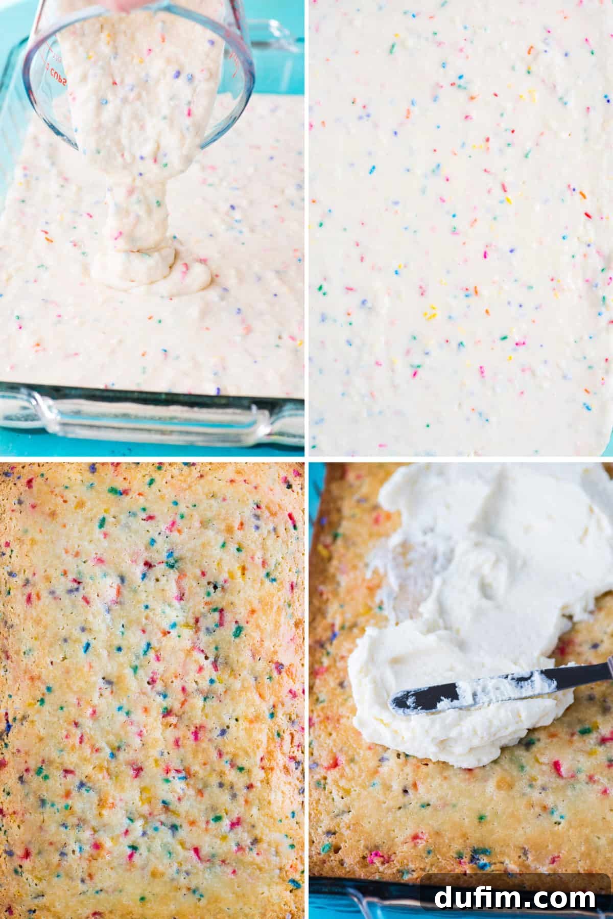A visual collage illustrating the step-by-step process of making funfetti cake from scratch, showing ingredients being mixed, batter poured into a pan, and a finished cake.