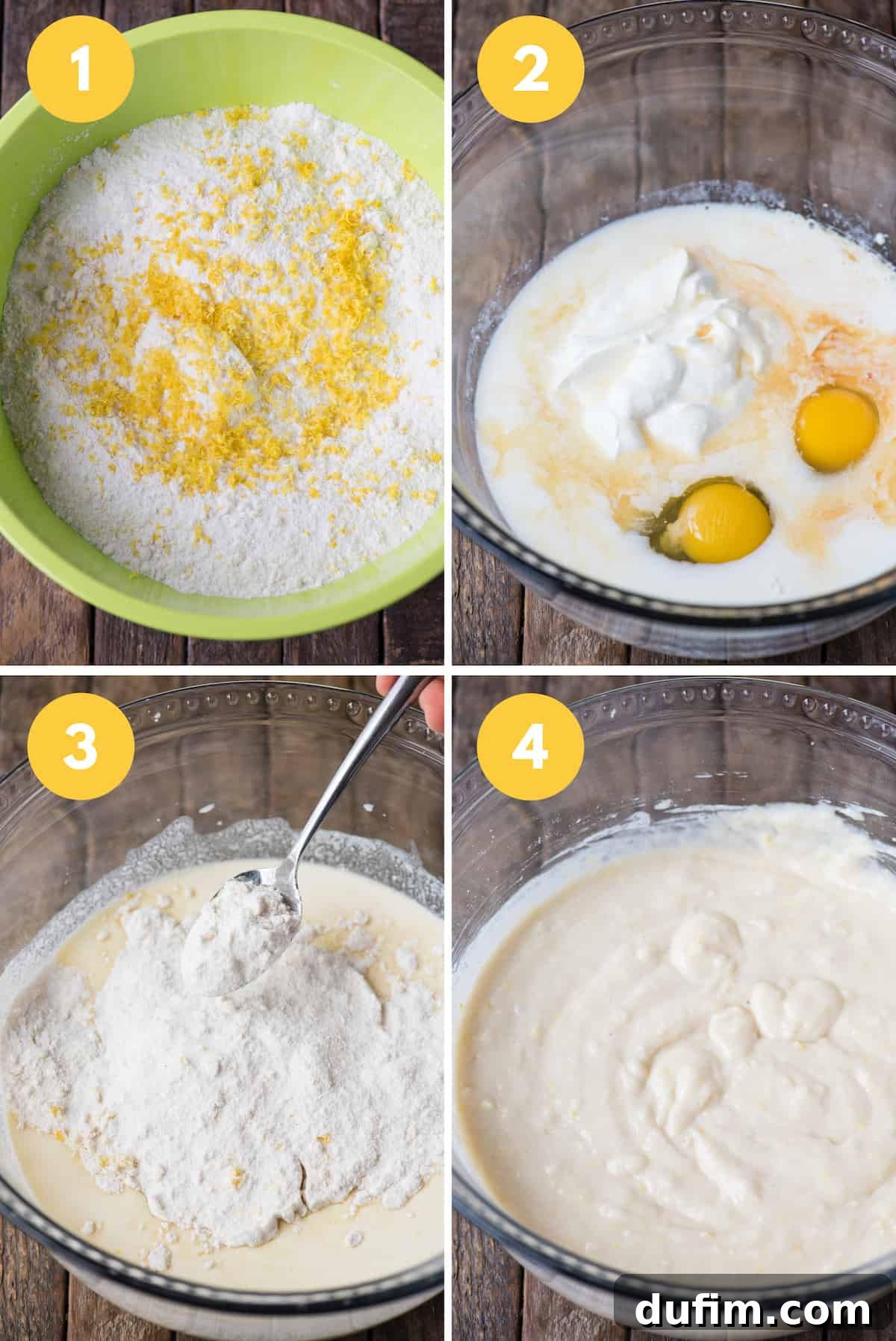 A visual collage demonstrating the key steps of making lemon cake: from mixing ingredients to pouring batter into the pan, and the finished baked cake.