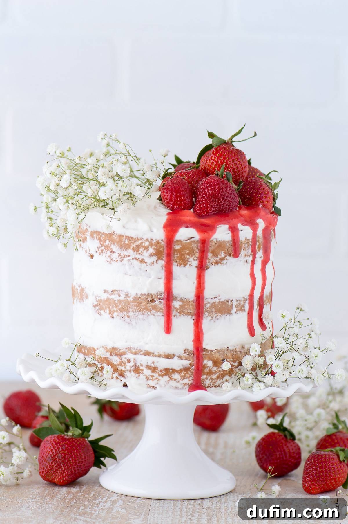 This strawberry naked cake is made with fresh pureed strawberries and is paired with homemade sweet cream whipped cream! Like a strawberries and cream cake!