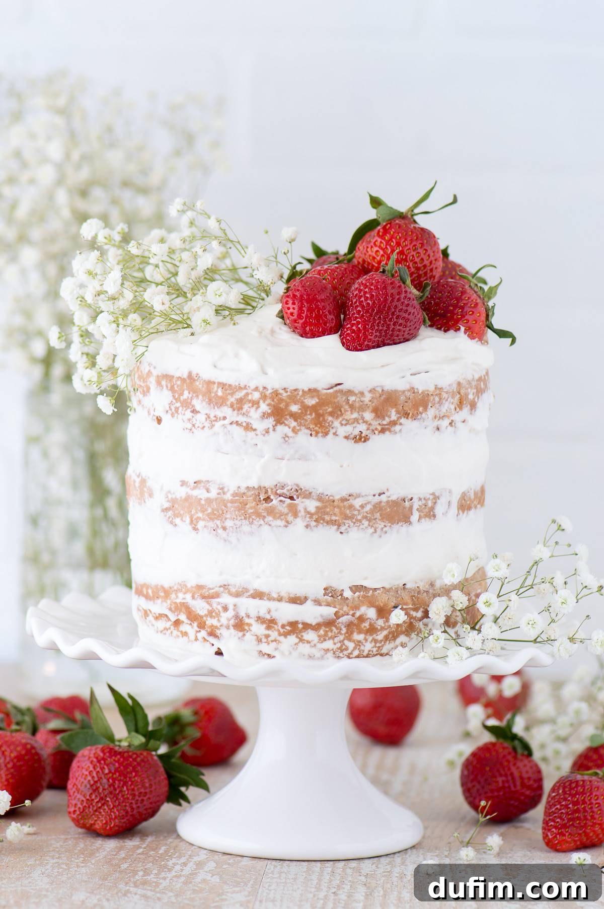 This strawberry naked cake is made with fresh pureed strawberries and is paired with homemade sweet cream whipped cream! Like a strawberries and cream cake!