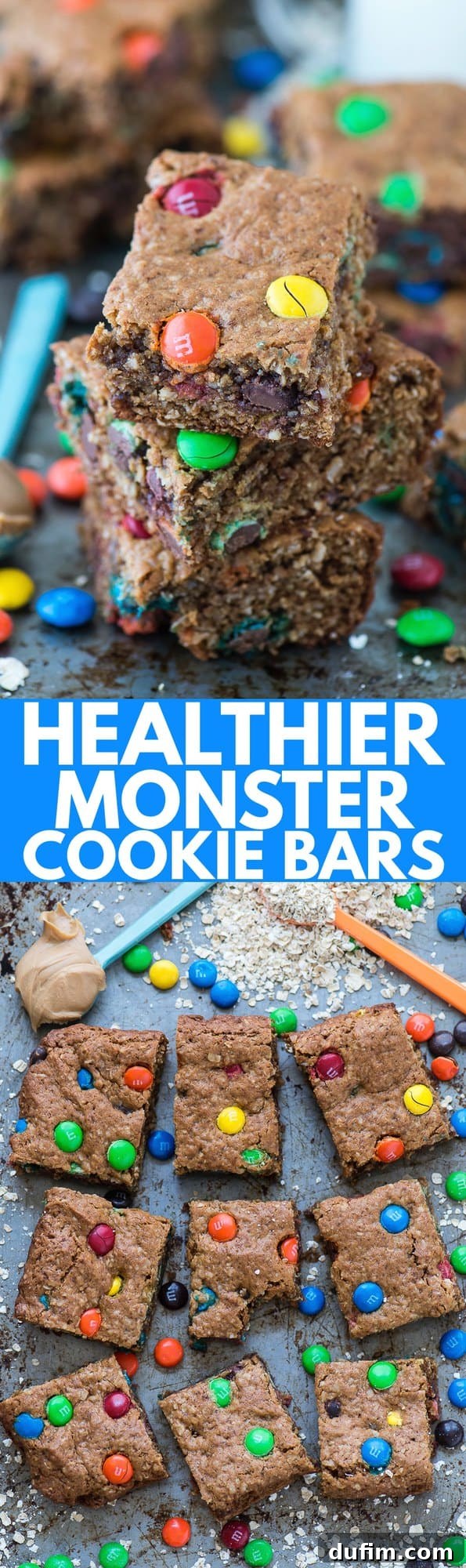 A vibrant collage featuring healthier monster cookie bars, highlighting their wholesome ingredients and delicious appeal.