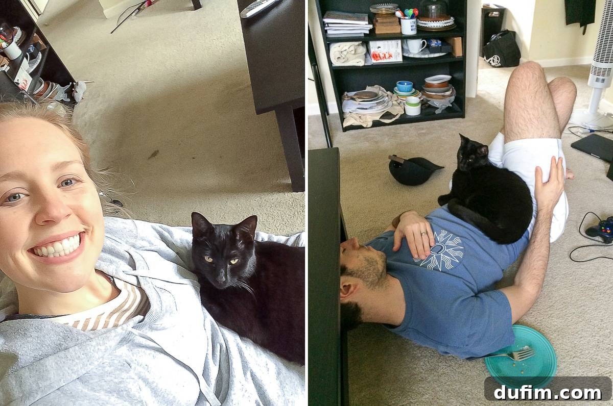 Salsa the cat cuddling with his owners, Ryan and the blogger