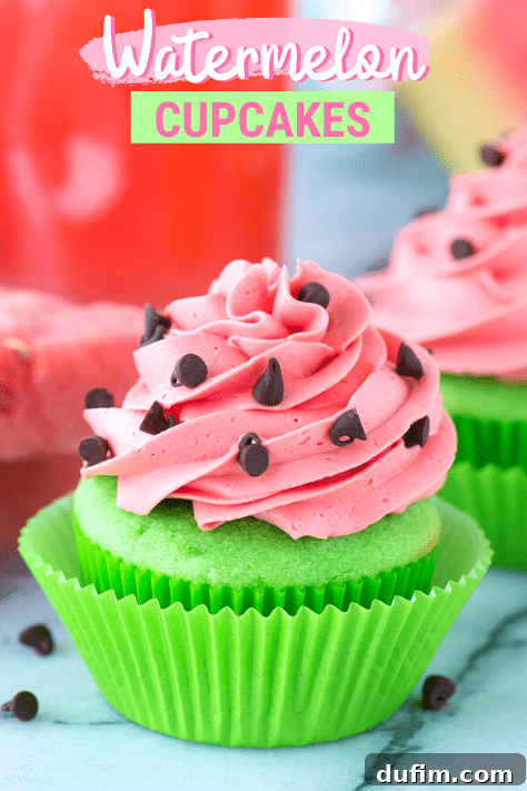 Watermelon Burst Cupcakes 6 A beautifully composed shot of a single watermelon cupcake with text overlay highlighting its features, set on a dark background.