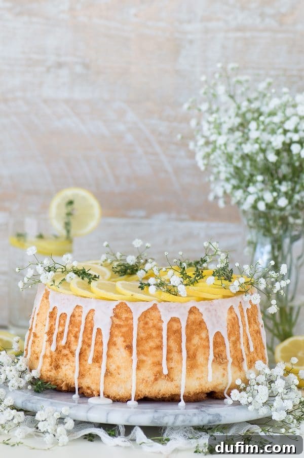 Lemon angel food cake with a sweet glaze drizzle