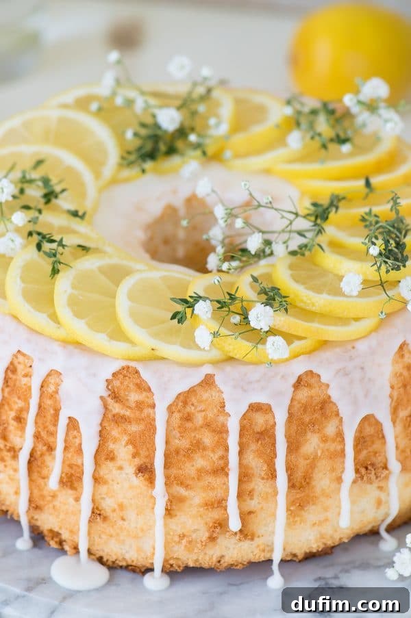 Rustic lemon angel food cake with fresh lemons, baby's breath, and thyme