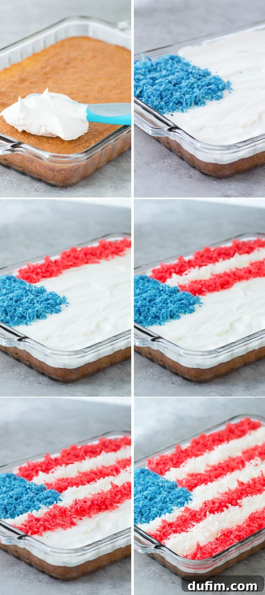 Stars and Stripes Celebration Cake 3 Close-up of the textured red, white, and blue shredded coconut arranged in an American flag pattern on a cake.