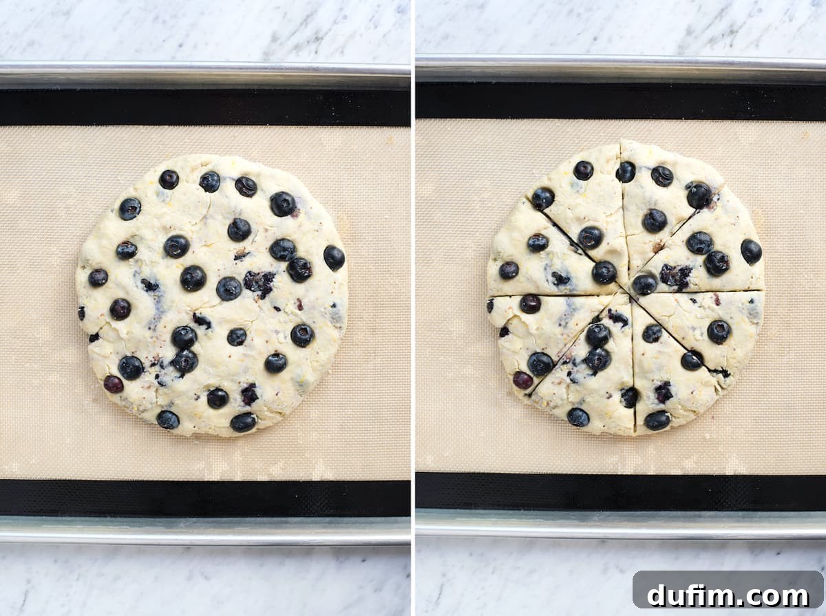 Tender Blueberry Buttermilk Scones 11 A visual guide showing how to shape the scone dough into a disc and then cut it into eight equal wedges.