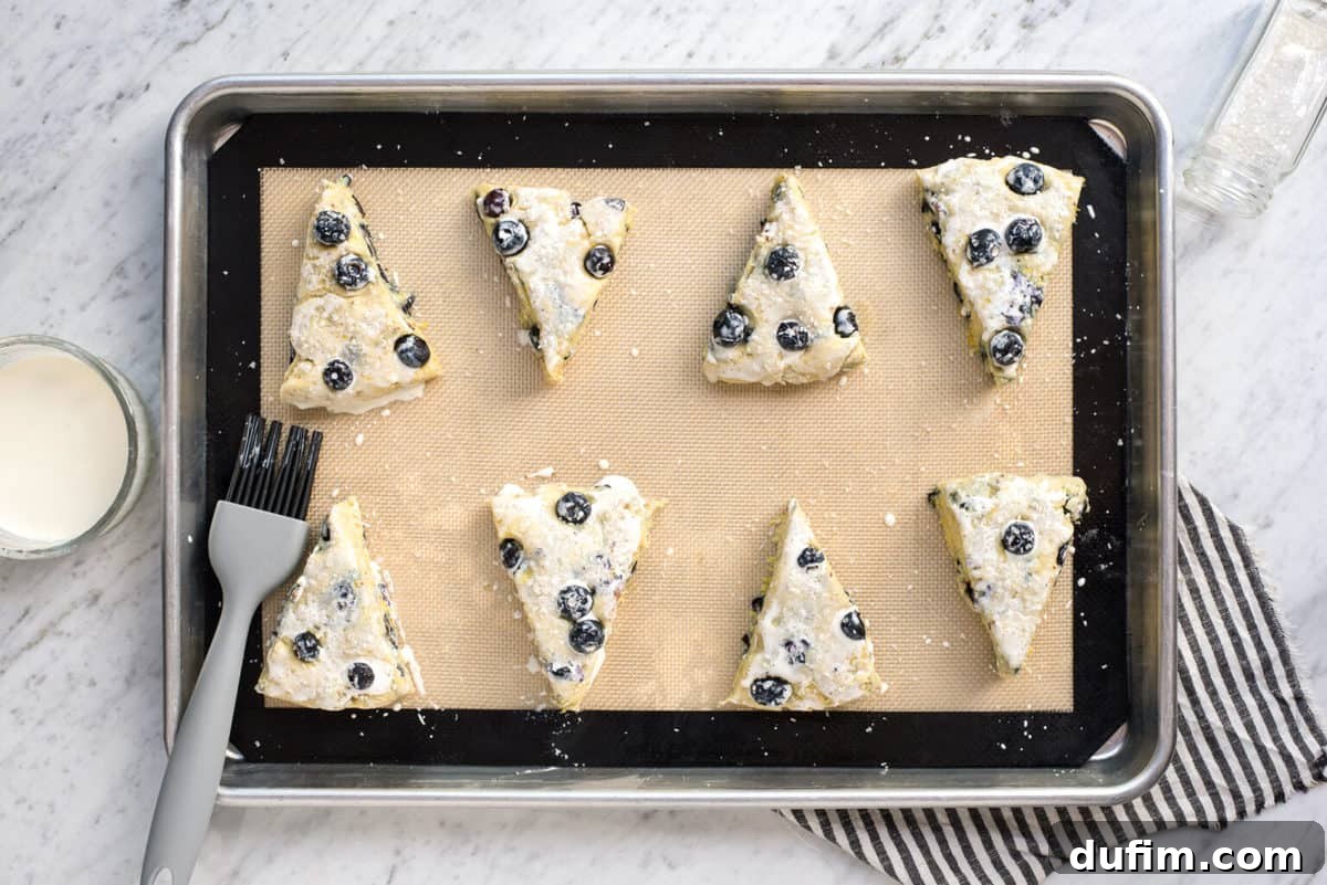 Tender Blueberry Buttermilk Scones 12 Eight unbaked blueberry scones, brushed with heavy cream wash and ready for baking, arranged on a silicone baking mat.