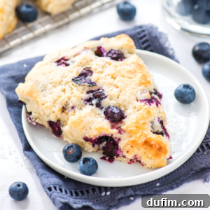 Tender Blueberry Buttermilk Scones 15 A freshly baked blueberry scone sits on a white plate with a blue napkin underneath, surrounded by whole blueberries and sprinkled sugar—perfect for showcasing classic blueberry scones.
