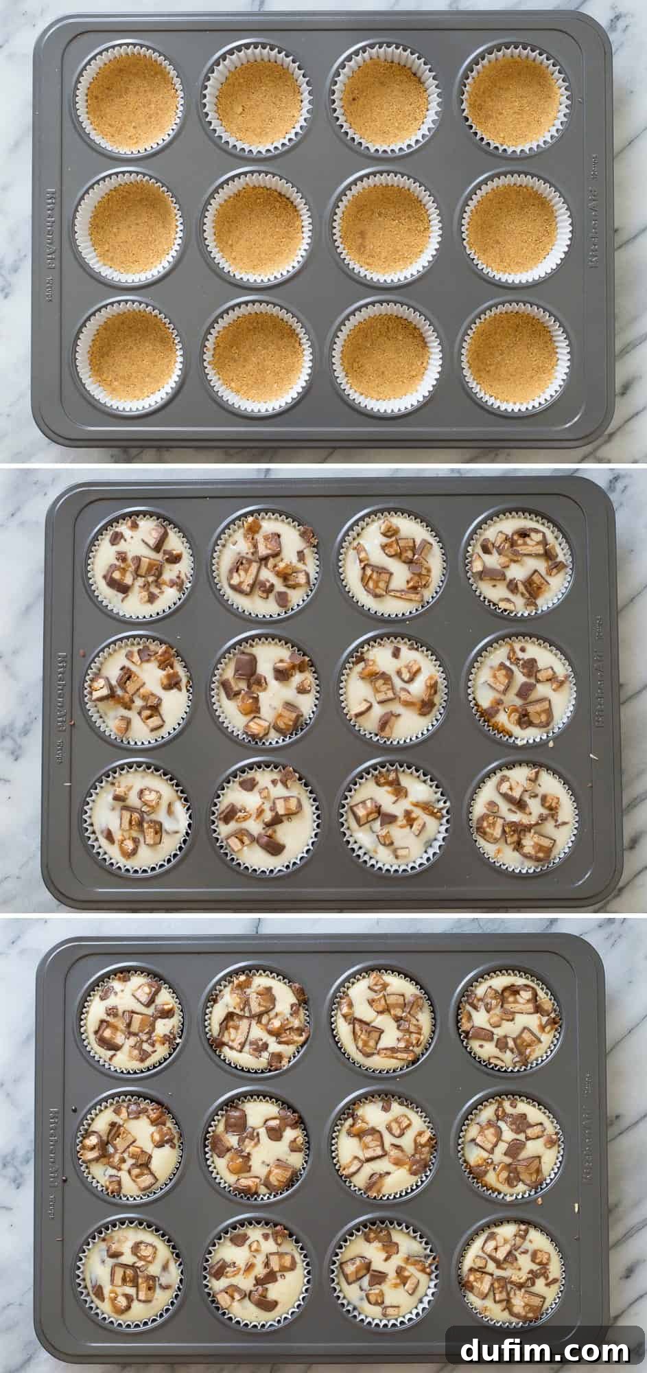 A visual collage showing the steps to bake mini Snickers cheesecakes in a muffin pan, from crust to finished product.