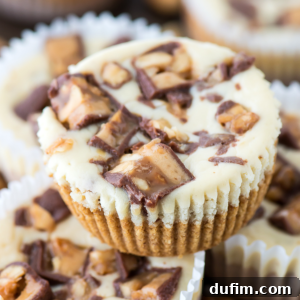 A close-up of a mini snickers cheesecake cupcake in a paper liner, topped with chunks of chocolate and caramel candy pieces. More mini snickers cheesecakes are visible in the blurred background.