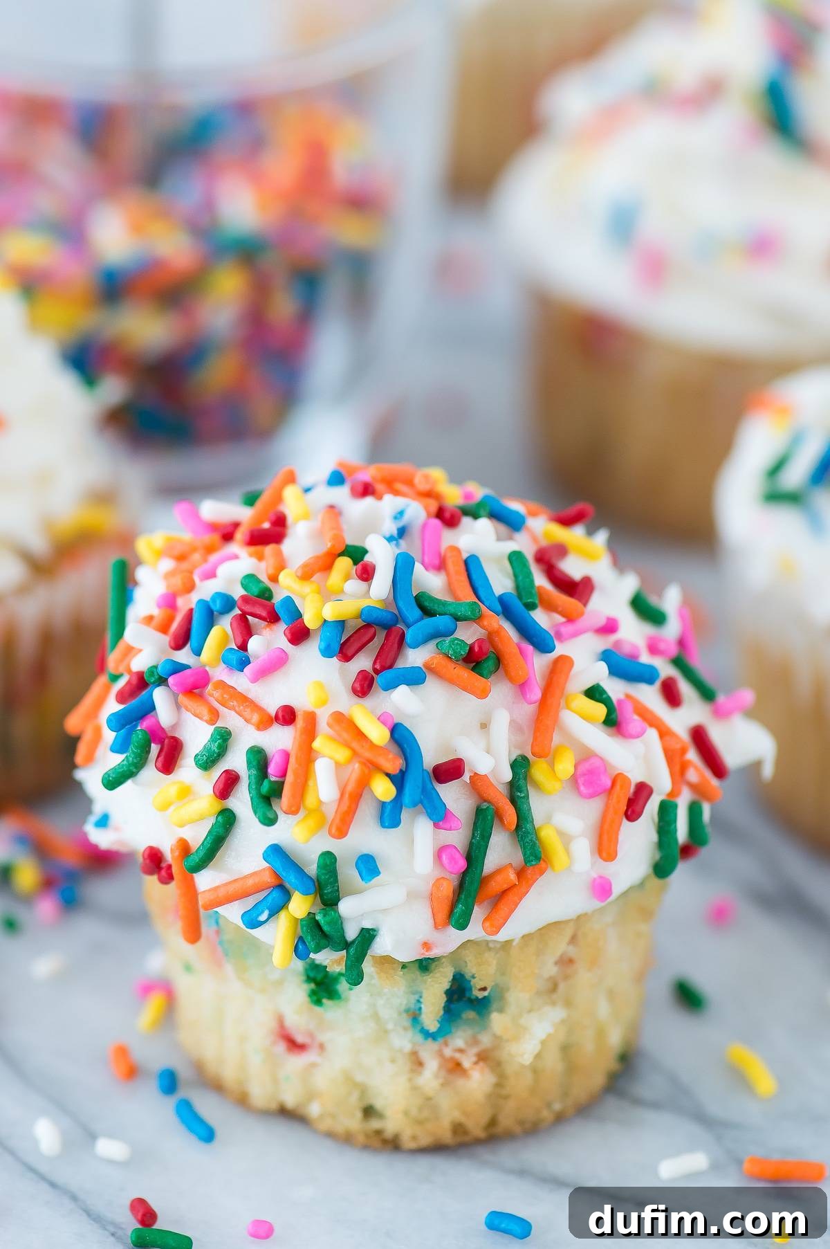 A vibrant funfetti cupcake adorned with creamy white frosting and a generous scattering of rainbow sprinkles.