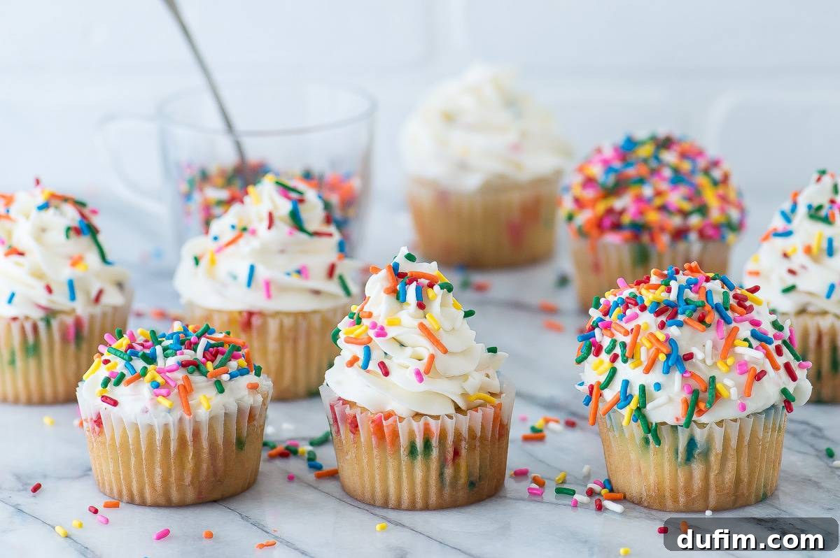 Three funfetti cupcakes demonstrating different frosting techniques: spread with a knife, piped with a star tip, and scooped for a domed look.
