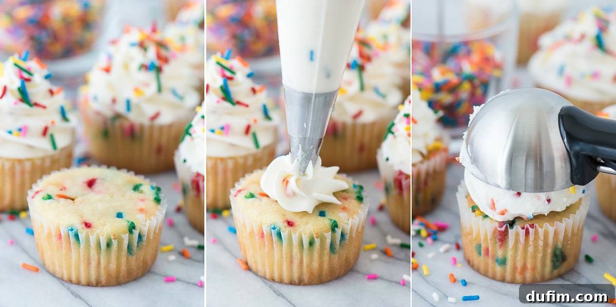 A trio of colorful funfetti cupcakes, each uniquely frosted, showcasing their festive appeal.