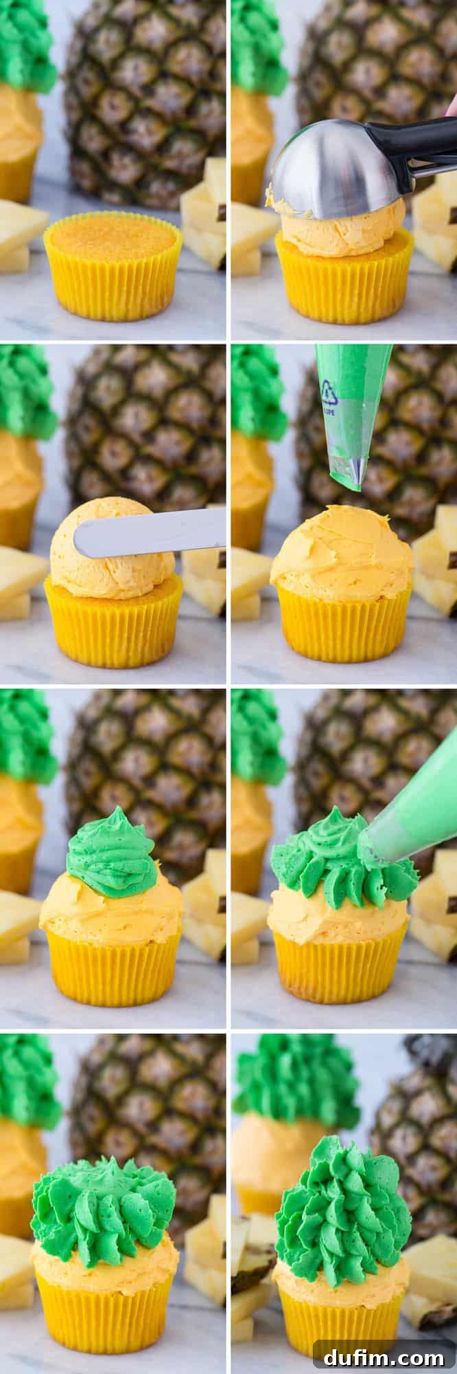 A visual collage showing the step-by-step process of decorating pineapple cupcakes, from applying yellow frosting to piping green leaves.