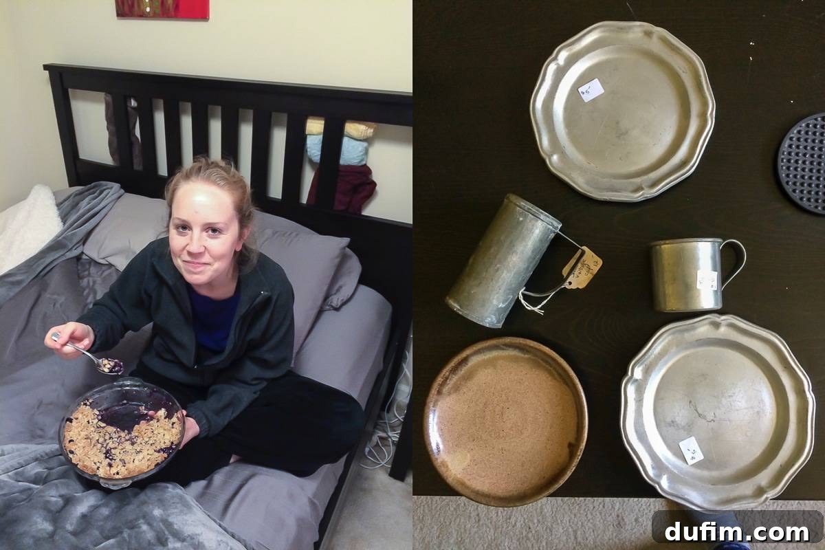 Enjoying a homemade blueberry crisp and successful antique market finds, including pewter plates