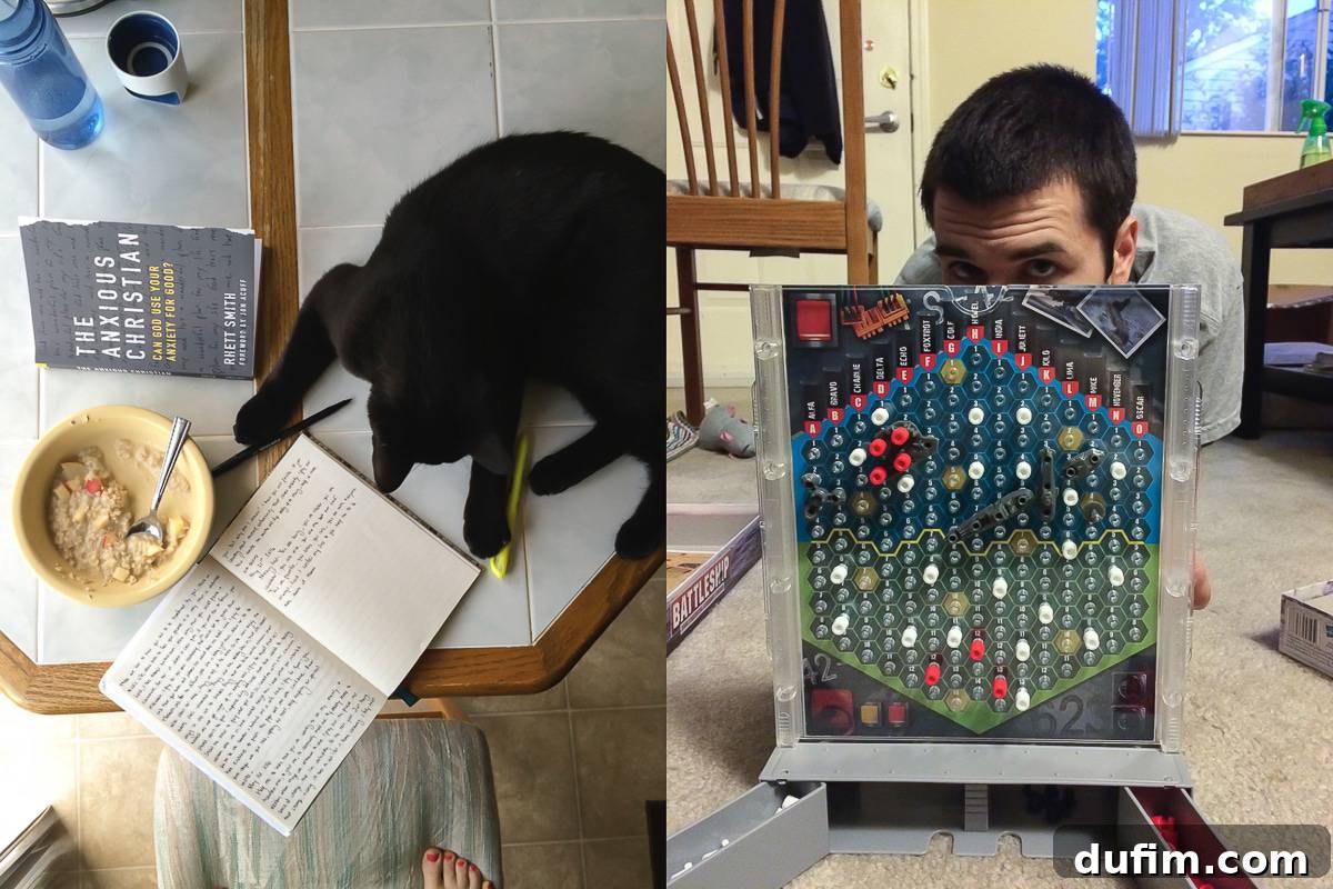 Peaceful morning routine with oatmeal and a book, followed by a fun date night playing Battleship