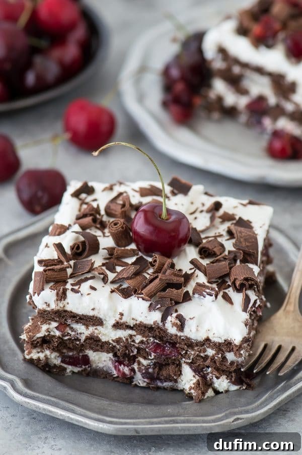 Delicious Black Forest Icebox Cake with layers of chocolate and cream, topped with fresh cherries and chocolate shavings. A perfect no-bake dessert for summer.
