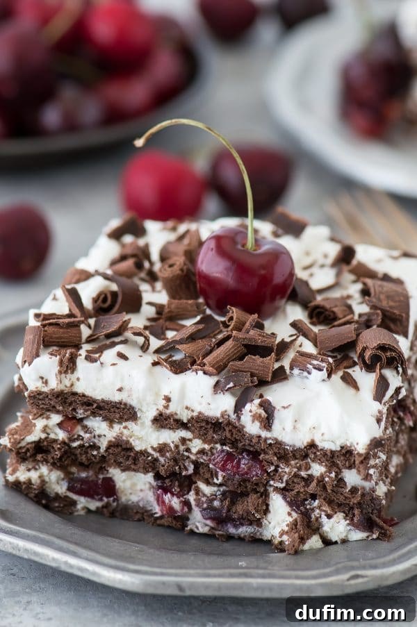 Close-up of a slice of Black Forest Icebox Cake showing distinct layers of chocolate graham crackers, creamy filling, and chopped cherries.