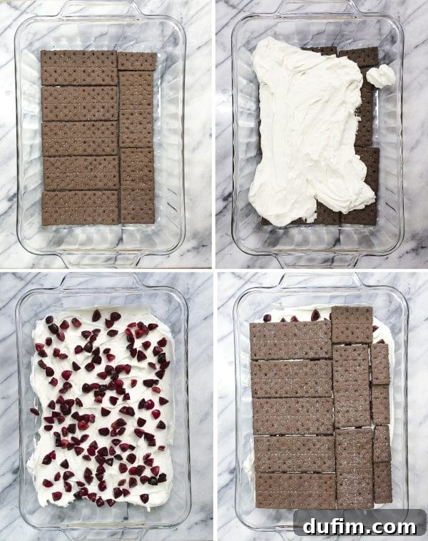 Overhead view of Black Forest Icebox Cake during assembly, with chocolate graham cracker layers and creamy filling, before adding the next layer of cherries.
