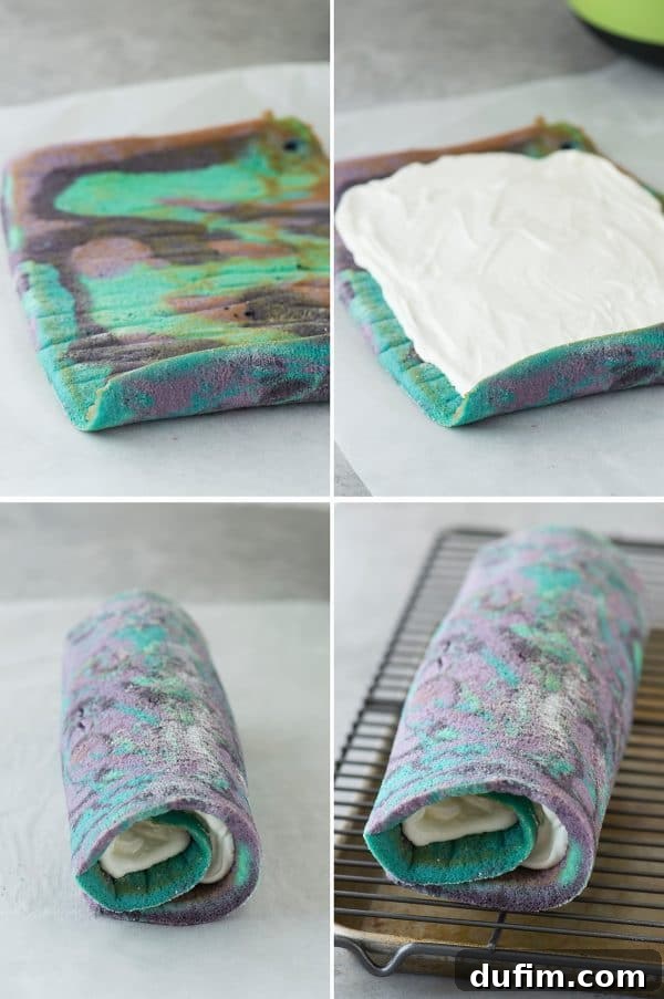 The cooled cake roll, unrolled and spread with a generous layer of creamy white filling, ready to be rolled back up.
