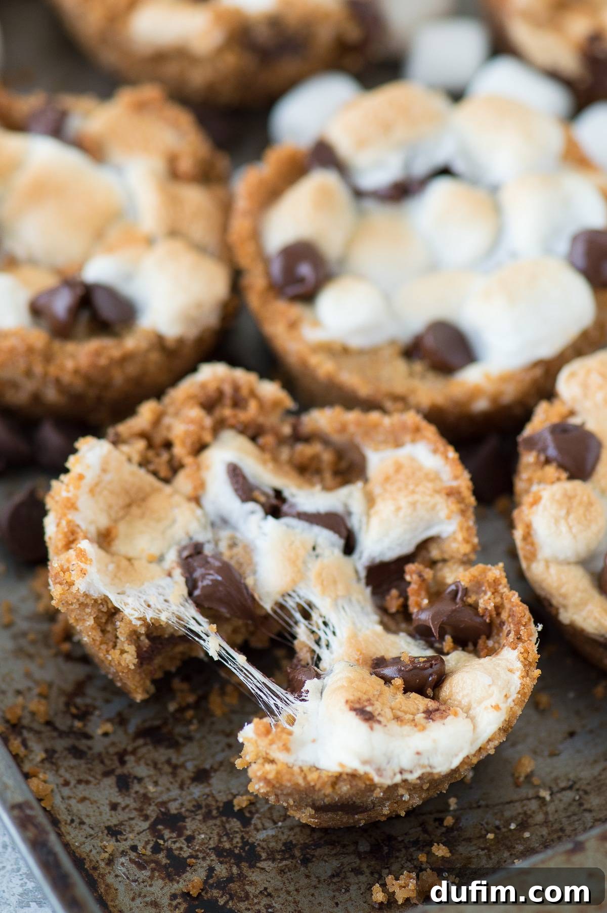 Smores Delight Cups 3 Six homemade S’mores Cups neatly arranged on a baking sheet, showcasing their golden-brown tops and rich textures.