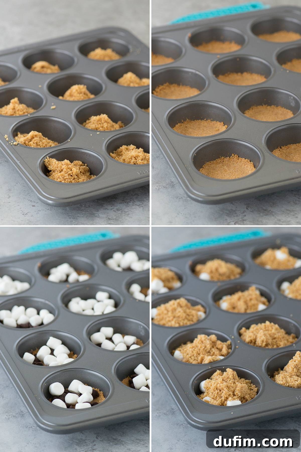 Smores Delight Cups 5 A photo collage showing the key ingredients of S'mores Cups – graham cracker crumbs, mini marshmallows, and chocolate chips – ready to be layered into a muffin baking sheet.