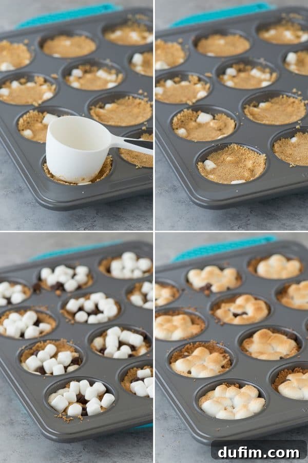 A photo collage illustrating the process of using a measuring cup to firmly press down graham cracker crumbs into a muffin pan, forming the base for delicious indoor S’mores Cups.