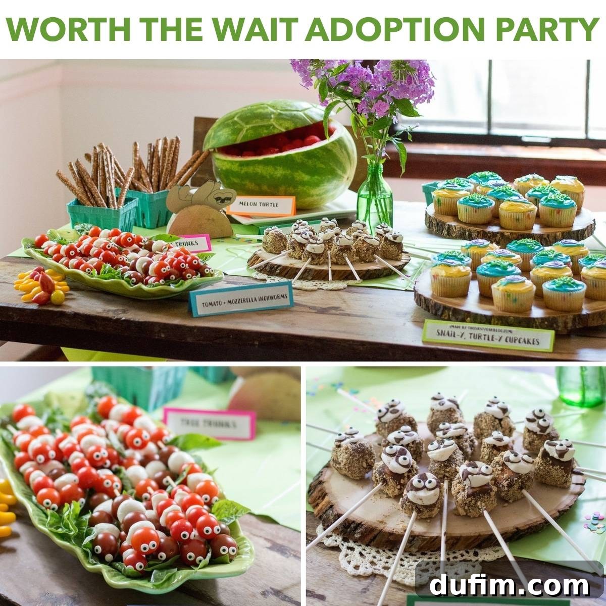 A Dream Fulfilled Adoption Party 2 Worth the Wait theme adoption party decorations featuring slow animals: sloths, inchworms, turtles, and snails. A welcoming banner and cute food ideas are displayed, setting a joyful scene.
