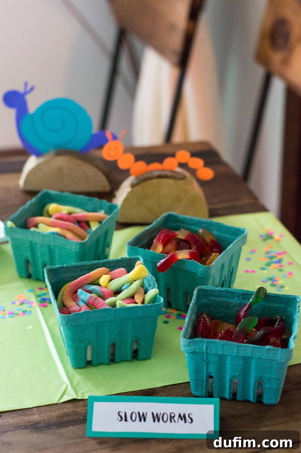 A Dream Fulfilled Adoption Party 12 A vibrant and colorful assortment of gummy worms and sour gummy worms, creatively labeled as 'Slow Worms' or 'Inchworms' for the themed adoption party.