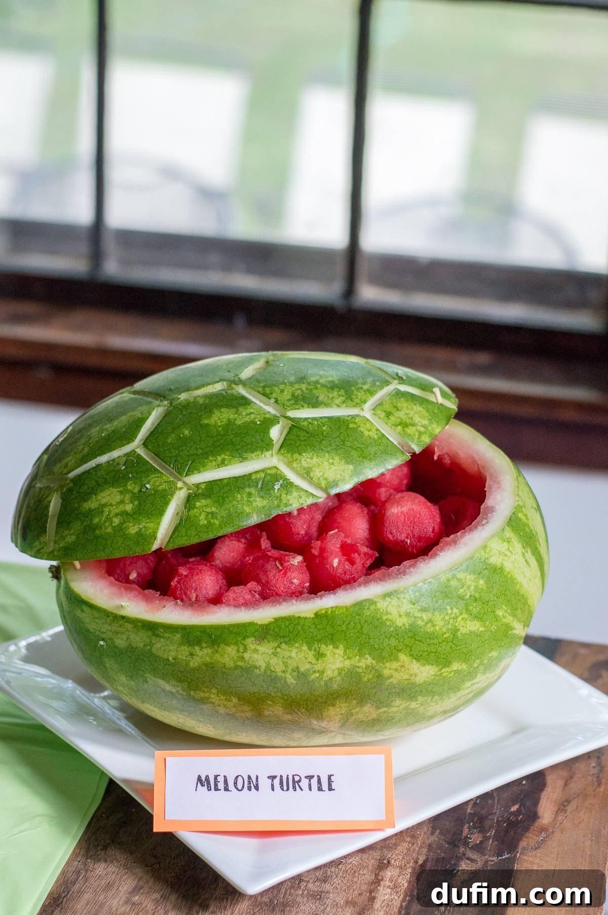 A Dream Fulfilled Adoption Party 7 Creative and easy-to-make melon turtle, expertly carved from a large watermelon, showcasing an intricate shell pattern and presented as a fun, refreshing fruit centerpiece for a themed party.