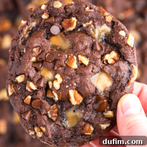 A hand holds a large, rich turtle cookie studded with chocolate chips, caramel chunks, and pieces of pecan, with more chocolate caramel cookies blurred in the background, showcasing its delightful textures.