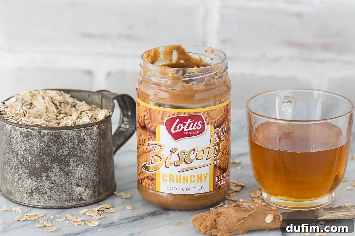 Biscoff Cookie Butter Oat Bars 4 The three essential ingredients for Biscoff oat bars: a metal cup filled with rolled oats, a jar of Biscoff cookie butter, and a glass jar of golden honey.