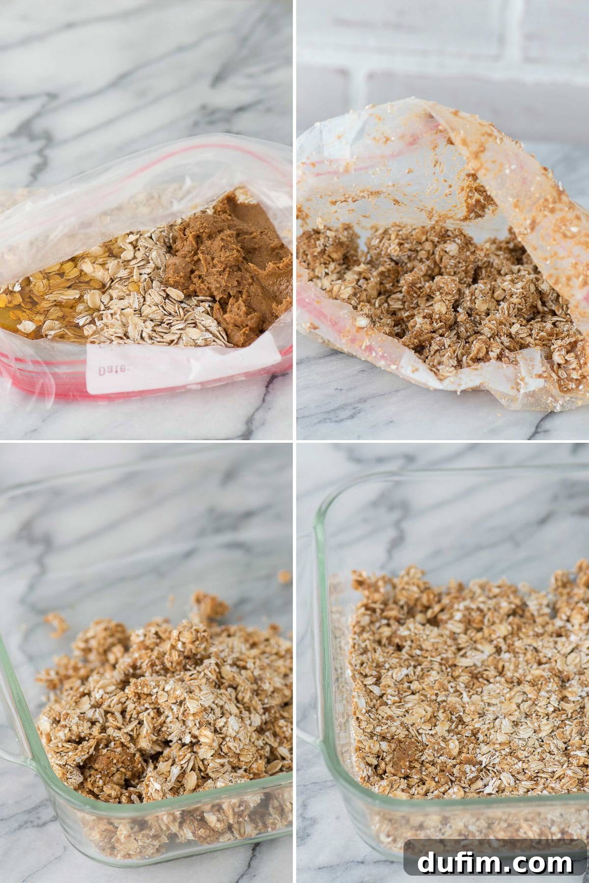 Biscoff Cookie Butter Oat Bars 5 Step-by-step image showing how to make Biscoff oat bars, with the mixed ingredients in a bag.