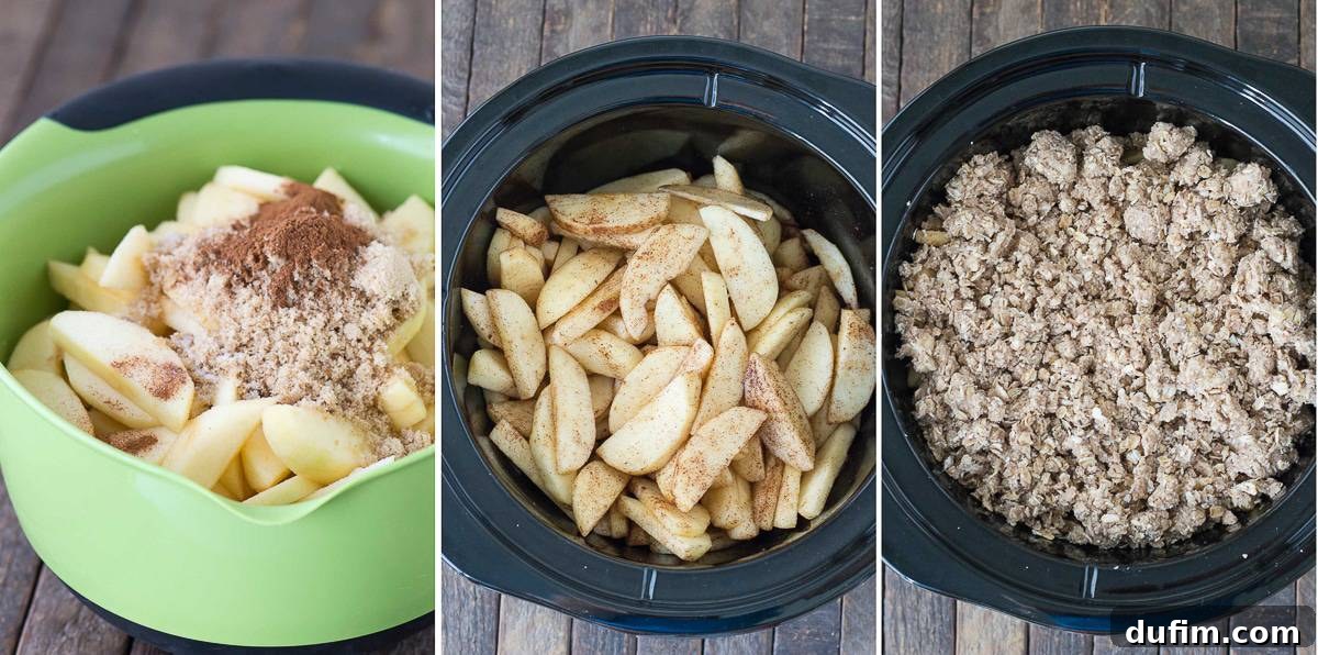 A collage showing the step-by-step process of how to make crock pot apple crisp: peeling apples, mixing apples, preparing oat topping, and assembling in the slow cooker.