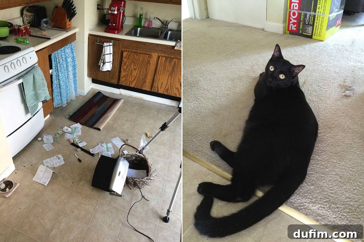 Mischievous cat Salsa climbing kitchen cupboards, an overturned panini press and twig basket, and Salsa 'caught red-handed' after the mess.